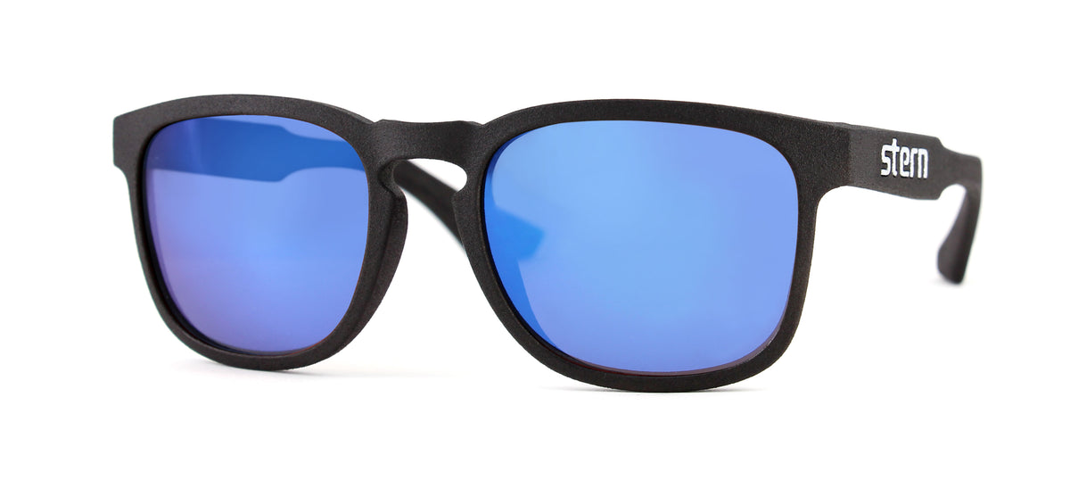 Polarized sunglasses with grey tinted lenses with revolver blue mirror that block out harmful UV420 rays. Sunglasses are made in the USA with laser fusion 3D printing.