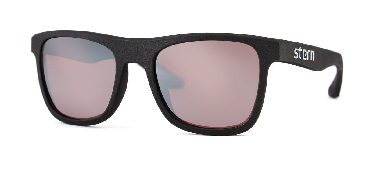 Polarized sunglasses with rose tinted lenses with flash silver mirror that block out harmful UV420 rays. Sunglasses are made in the USA with laser fusion 3D printing.